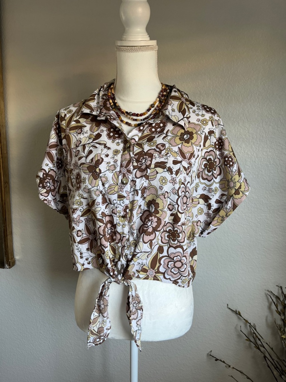 Tie-Front Button-Down Floral Shirt - Brown/Cream
